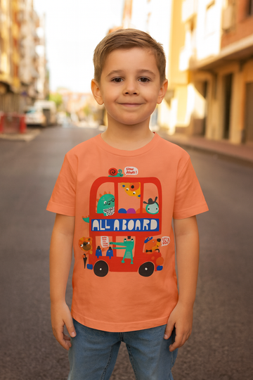 All Aboard Cartoon Bus Print Kids T‑Shirt – 100% Bio‑Wash Cotton (Ages 2–9 Years)
