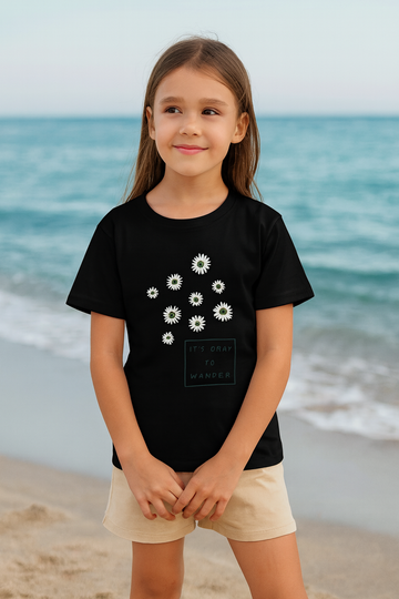 It’s Okay To Wander Daisy – Girls Half Sleeve T‑Shirt (Black)