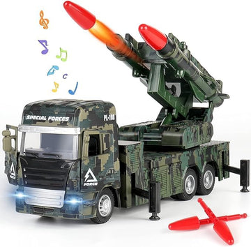 Military Two Missile Launcher Truck with Lights & Sounds - Pull Back & Go Missile Truck Model for Kids