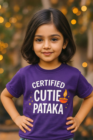 Certified Cutie Pataka Kids T-Shirt Purple | Diwali Special Cotton Tee for Girls by Orange Idea