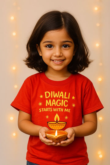 Diwali Magic Starts With Me Kids T-Shirt | Festive Red Cotton Tee by Orange Idea