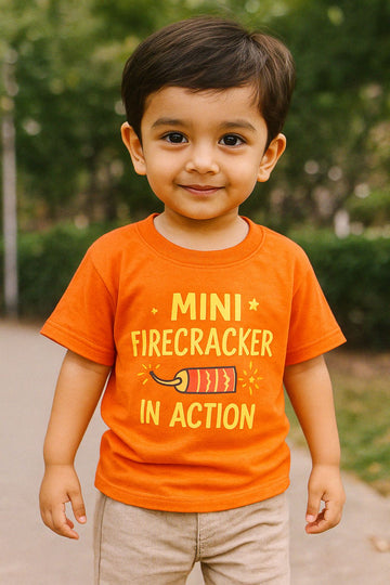 Mini Firecracker in Action Kids T-Shirt Mustard | Festive Cotton Tee for Boys & Girls by Orange Idea
