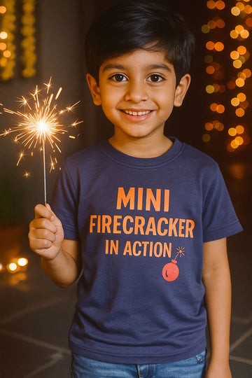 Mini Firecracker in Action Kids T-Shirt Navy Blue | Diwali Festival Cotton Tee by Orange Idea