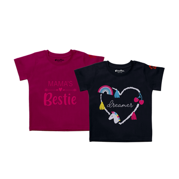 Girls’ 100% Bio-Wash Cotton T-Shirt Combo – Mama’s Bestie & Dreamer Prints – Soft & Breathable Kids Tees (Pack of 2)