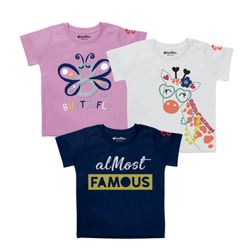 Girls’ 100% Bio-Wash Cotton T-Shirt Combo – Butterfly, Giraffe & Almost Famous Prints – Soft & Breathable Kids Tees (Pack of 3)