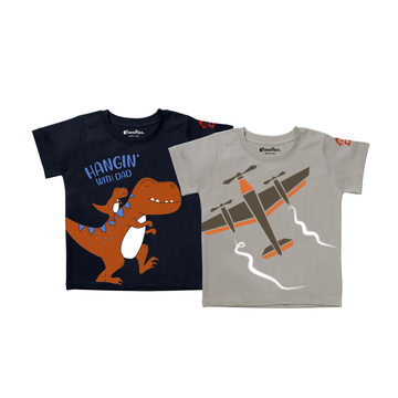 Boys’ 100% Bio-Wash Cotton T-Shirt Combo of 2 – Dinosaur & Airplane Prints – Soft & Breathable Kids Tees (Pack of 2)