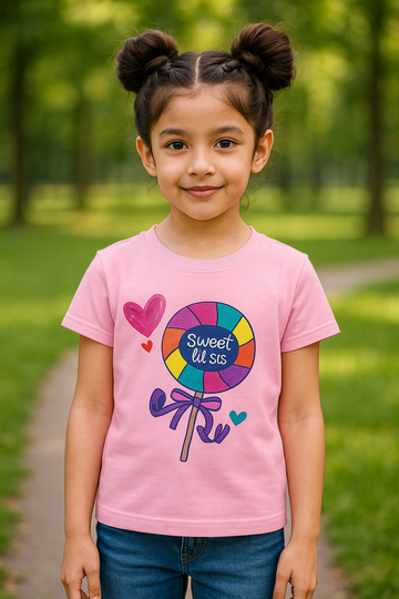 Sweet Lil’ Sis Lollipop – Girls Half Sleeve T‑Shirt (Pink)