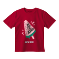 A red short-sleeve t-shirt with a graphic of a popsicle that says 'BE COOL & KIND' and the name 'AVNI' printed below it, displayed on a solid white background.