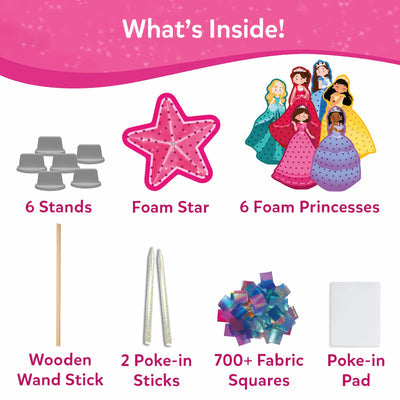 What’s inside Skillmatics Poke-in Art Magical Princesses: foam princesses, fabric squares, sticks, wand and pad