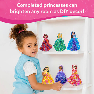 Completed DIY princesses displayed as decor from Skillmatics Poke-in Art Magical Princesses