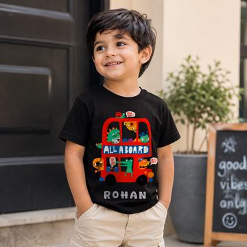 Personalized All Aboard bus kids black T-shirt with custom child name – Orange Idea