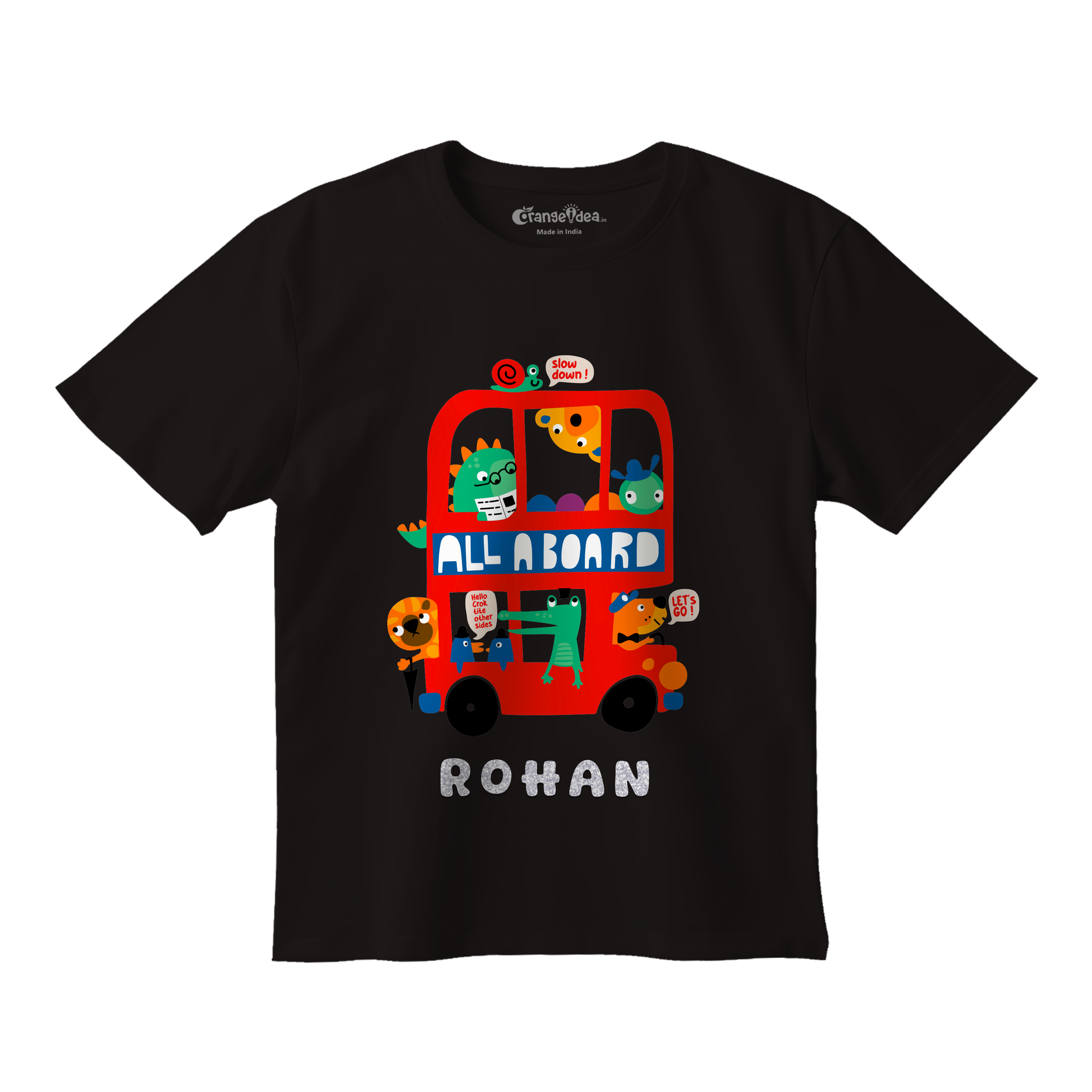 A black short-sleeve t-shirt with a colorful graphic of a double-decker bus carrying cartoon characters, with the text 'ALL ABOARD' and 'ROHAN' printed below it.