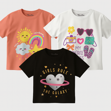 Girls 3PC T-Shirt Combo - Sunny Day, My Favorite Things & Girls Rule the Galaxy | Premium Bio-Wash Cotton