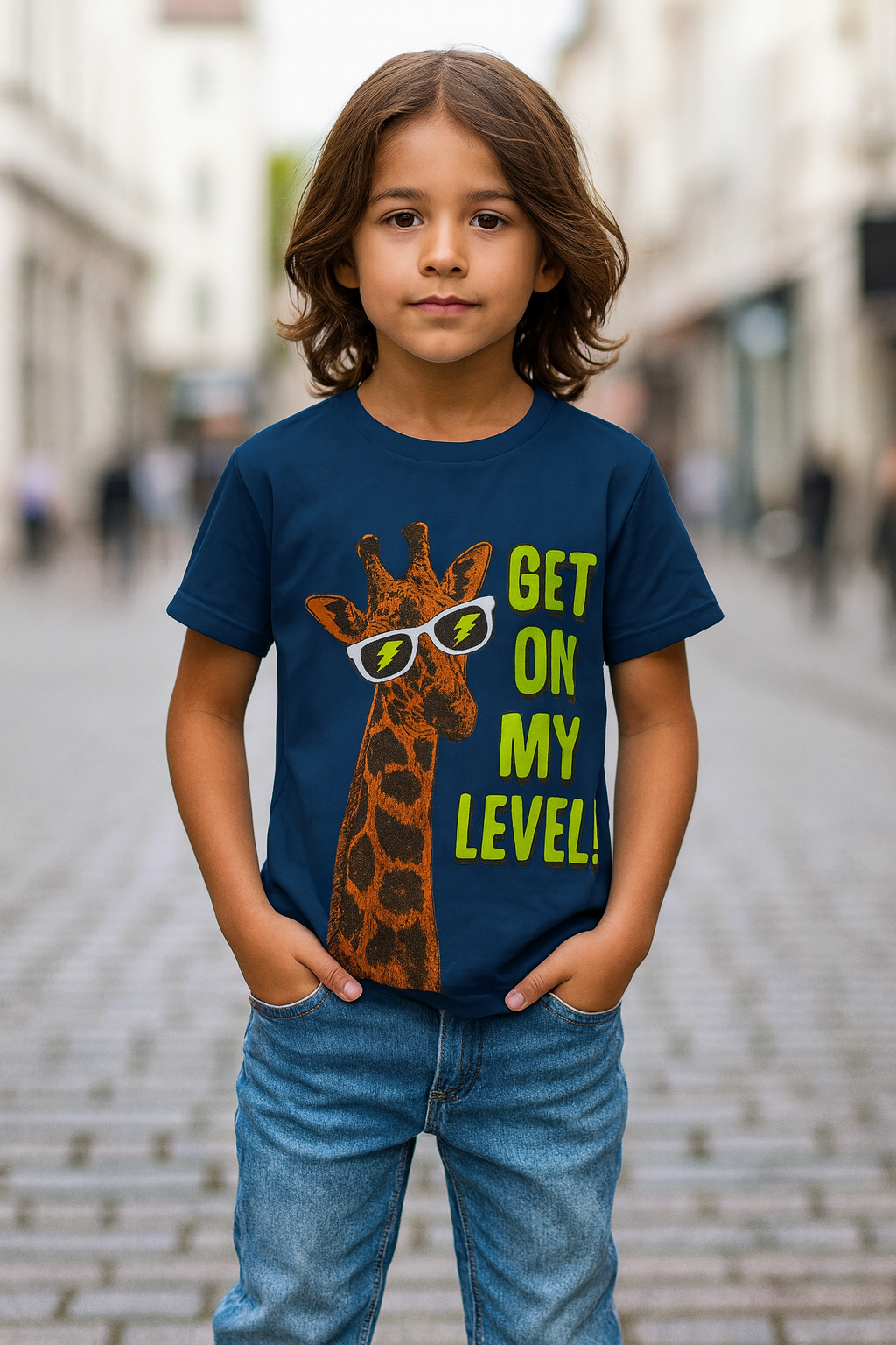 Kids Navy Blue "Get On My Level" Giraffe Graphic T-Shirt – 100% Cotton | Ages 2-8 Years