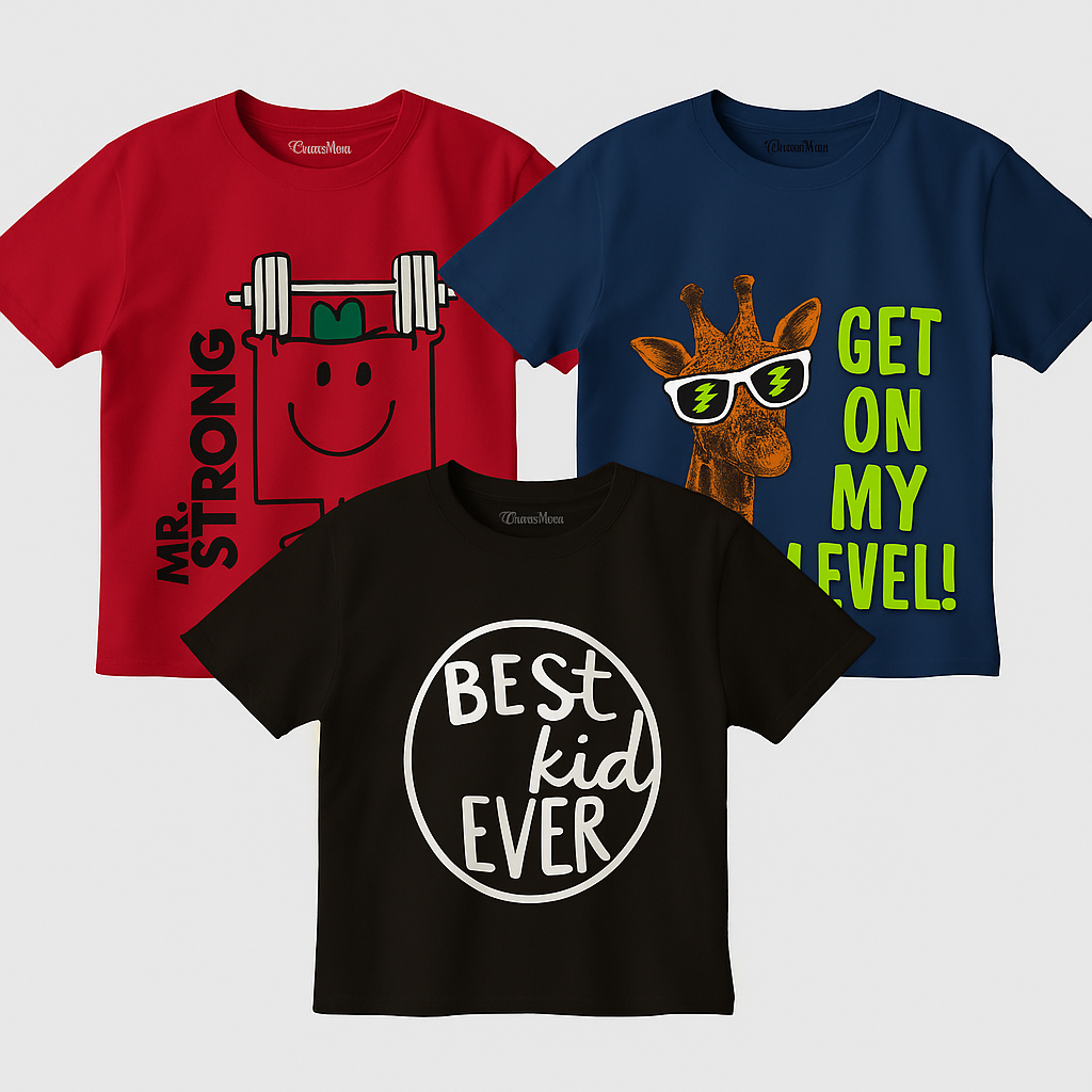 Boys’ 3-Piece T-Shirt Combo – Mr. Strong, Get On My Level & Best Kid Ever | 100% Bio-Wash Cotton
