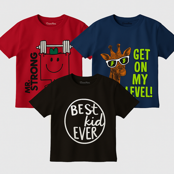 Boys’ 3-Piece T-Shirt Combo – Mr. Strong, Get On My Level & Best Kid Ever | 100% Bio-Wash Cotton