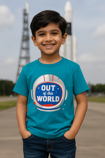 Out of This World Turquoise Blue Astronaut T-Shirt for Kids – 100% Bio-Wash Cotton Space Theme Tee