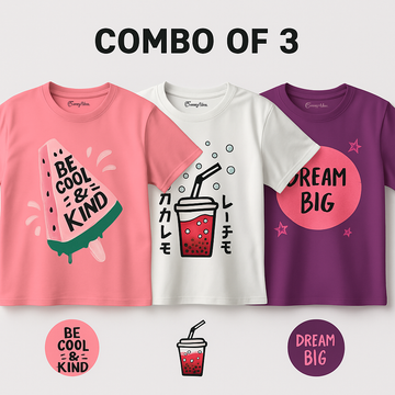 Girls Premium T-Shirt Combo – Be Cool & Kind, Bubble Tea, Dream Big