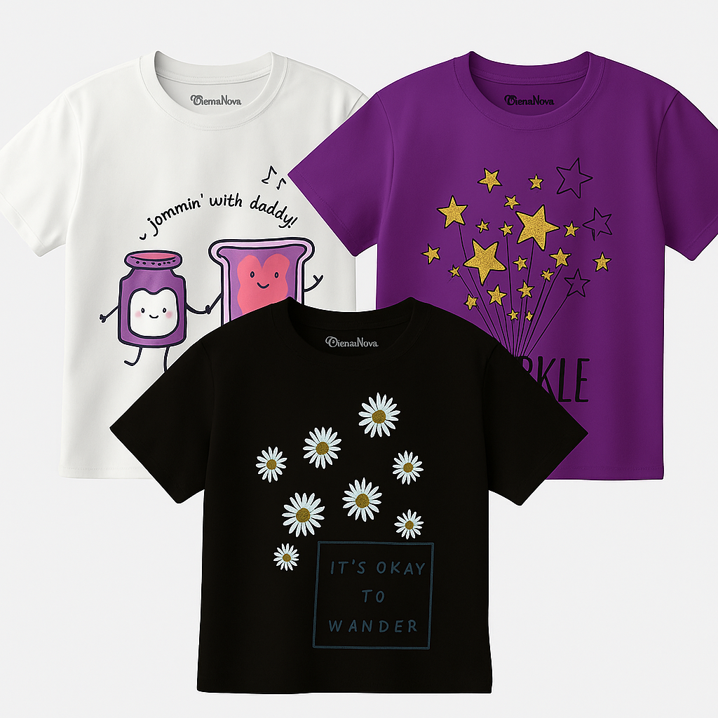 Girls 3-Piece T-Shirt Combo – 'Jammin’ with Daddy', 'Sparkle Stars', 'It’s Okay to Wander' | 100% Premium Cotton