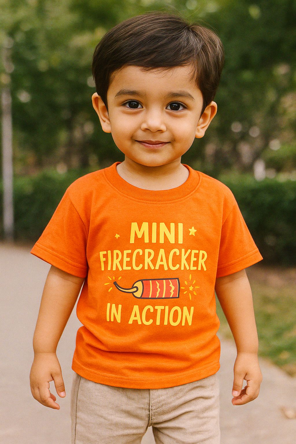 Mini Firecracker in Action Kids T-Shirt Mustard | Festive Cotton Tee for Boys & Girls by Orange Idea