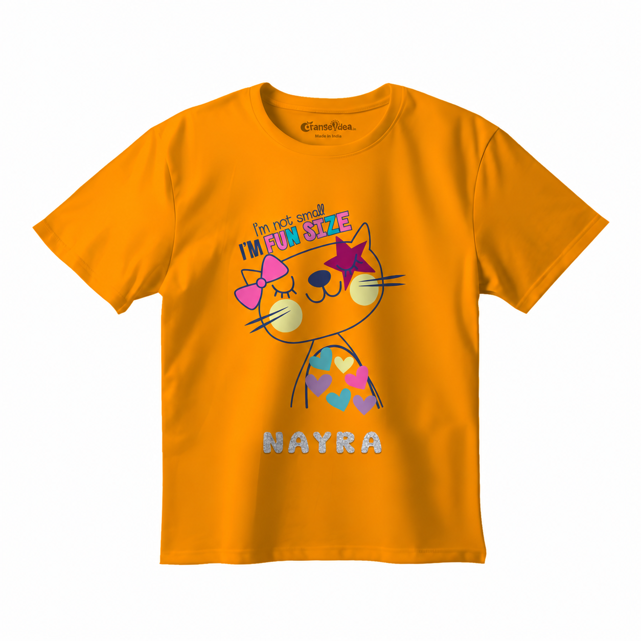 4-year-old Indian girl wearing a personalised baby-pink Fun Size cat T-shirt with the name NAYRA.