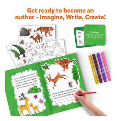 Write and create storybooks with animal stickers and prompt cards