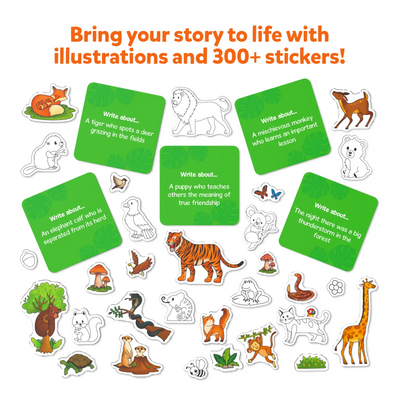 300+ stickers and story prompts included in Skillmatics Animal Adventures kit