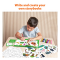 Kids using Skillmatics storybook kit with markers and stickers