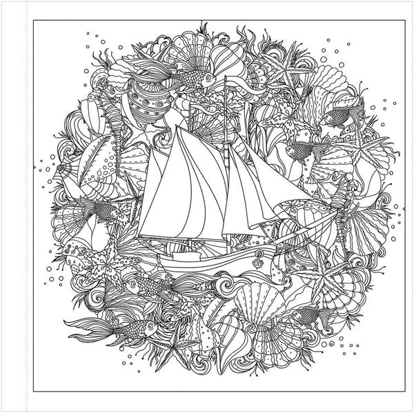 Detailed line art ocean waves sea shell mandala for adult colouring book