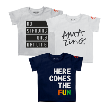 Boys’ 100% Bio-Wash Cotton T-Shirt Combo of 3 T-shirts – No Standing Only Dancing | Amazing | Here Comes the Fun – Soft & Breathable Kids Tee Pack