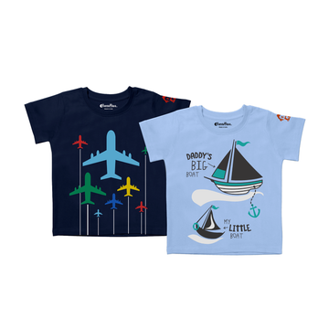 Boys’ Vehicle Theme 100% Bio-Wash Cotton T-Shirt Combo of 2 – Airplane & Boat Prints – Soft & Breathable Kids Tees (Pack of 2)