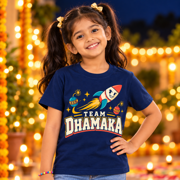 Team Dhamaka Kids’ Diwali Cotton T-Shirt – Navy Blue with customised Back Number Print