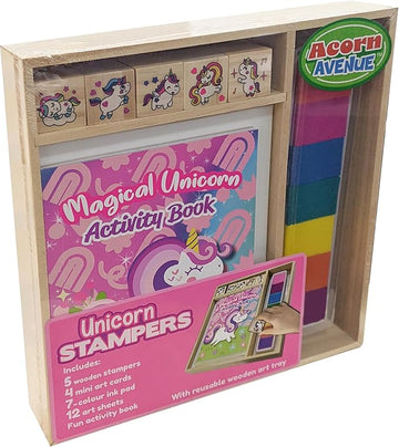 Bookoli - Wooden Unicorn Stampers Set - Acorn Avenue - With Magical Unicorn Activity Book - 5 Wooden Stamps + 7 Ink Pads - Gifts for Girls 3 Years and Up - Arts and Crafts Activities - Screen Free Fun
