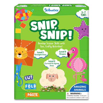 Skillmatics Snip Snip! Scissor Skills Activity Book (25 Cutting & Creative Activities) with 2 Child-Safe Scissors + Glue Stick | Ages 3-7 | Multicolour