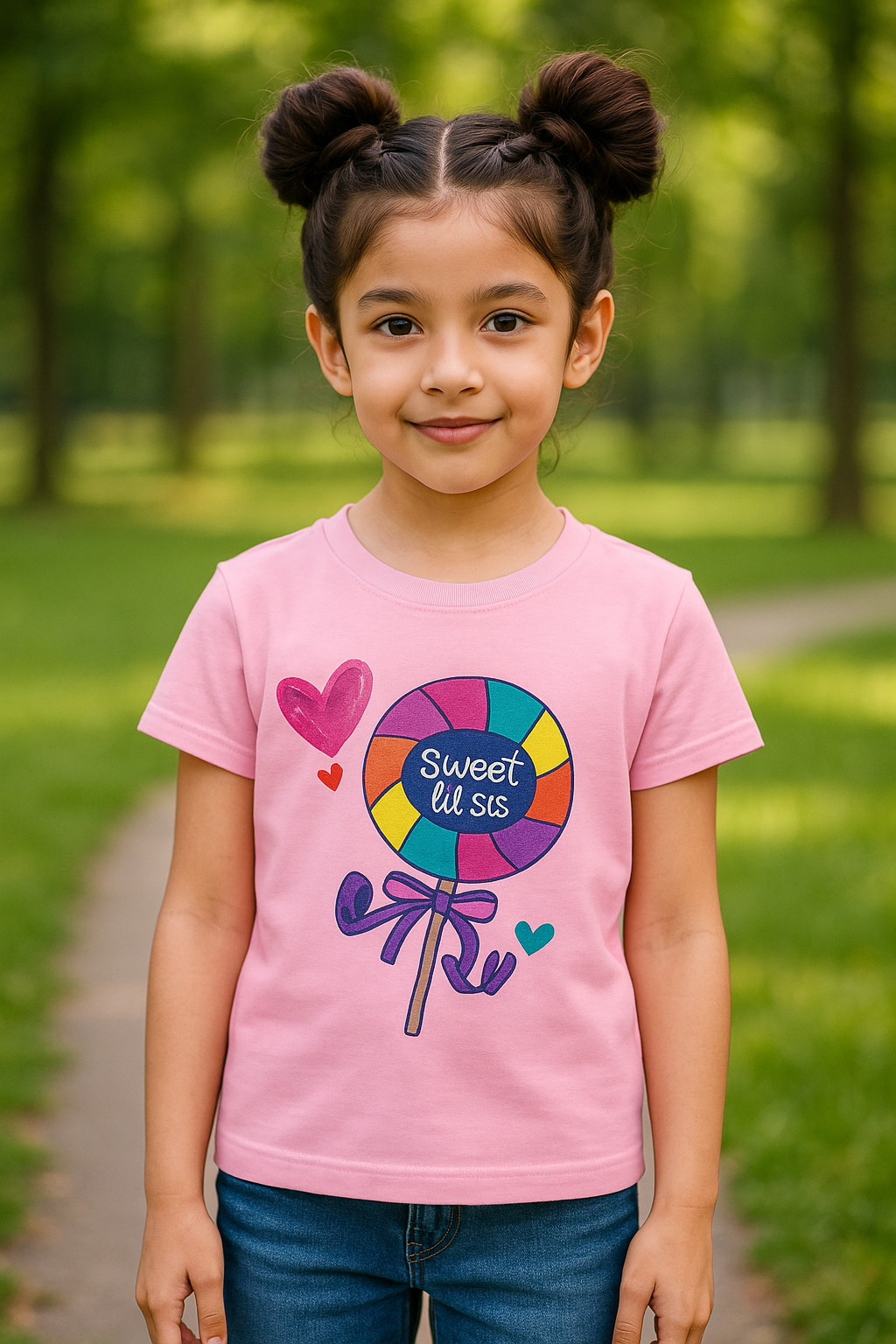 Sweet Lil’ Sis Lollipop – Girls Half Sleeve T‑Shirt (Pink)